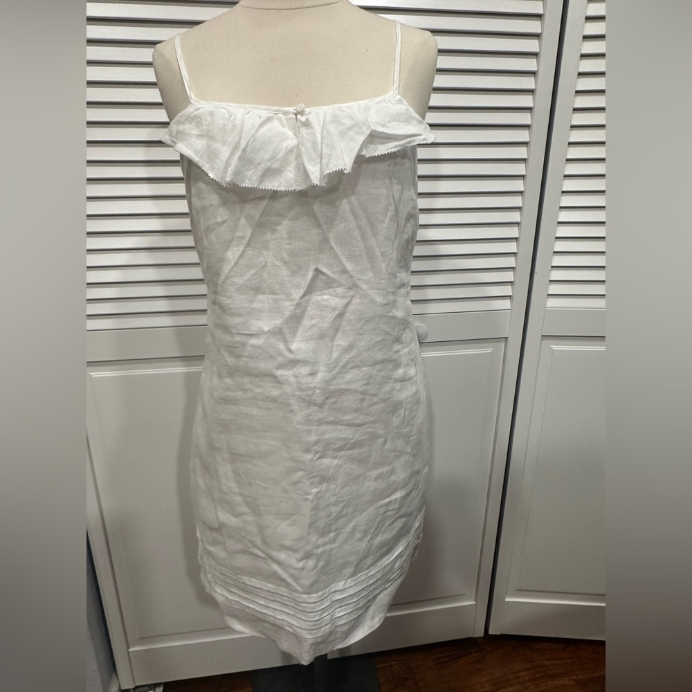 Ann Taylor LOFT Women's Sz 6 Dress White Linen Ruffle Neck Pleated Hem Lined NWT